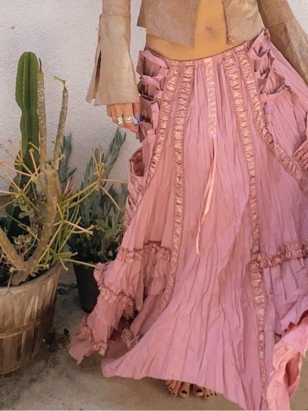 Bohemian Ruffled Maxi Skirt in Dusty Pink